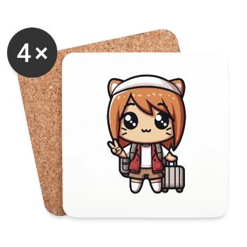 Kawaii Mignonne Petite Fille Voyageuse - Dessous de verre (lot de 4) - blanc - Devant