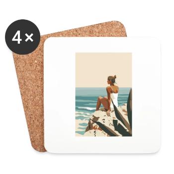 Un moment de repos, femme sur des rochers au bord de la mer | IA - Dessous de verre (lot de 4) - blanc - Devant