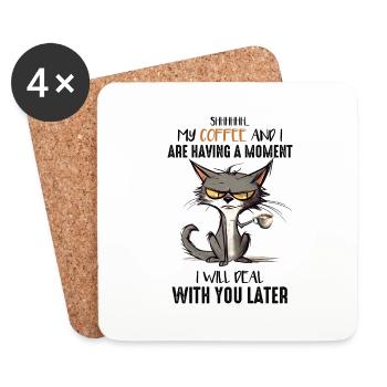 Coffee Moment: Whimsical Cat & Coffee Tee - Coasters (set of 4) - white - Front