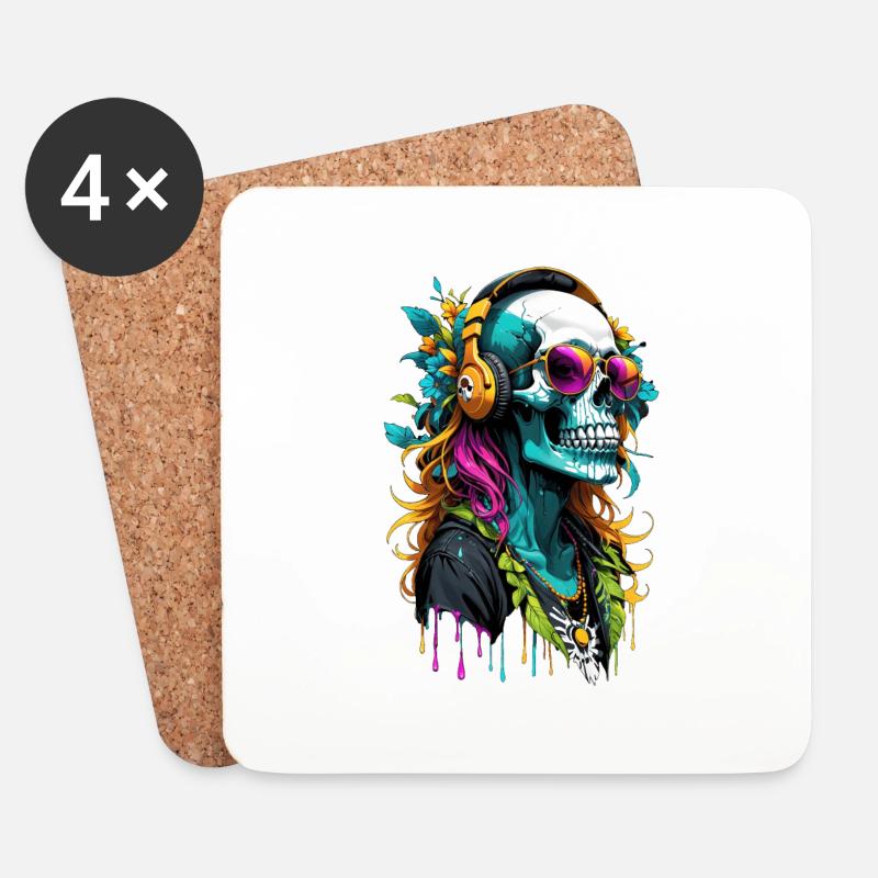 Hippie-DJ Totenkopf - Untersetzer (4er-Set) - Weiß