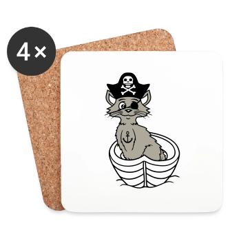 Pirate Cat Buccaneer Eye Patch Hat Rowing Boat - Coasters (set of 4) - white - Front