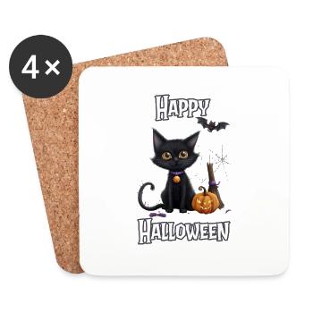 Halloween – Happy Halloween süße schwarze Katze - Untersetzer (4er-Set) - Weiß - Vorne