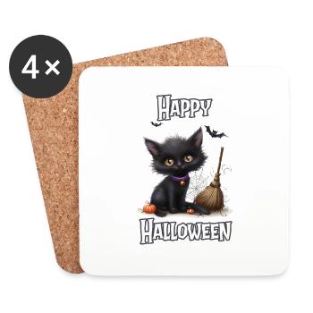 Halloween – Happy Halloween süße schwarze Katze - Untersetzer (4er-Set) - Weiß - Vorne