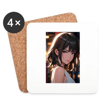 Wunderschöne Anime-Kunst – Porträt eines Mädchen - Untersetzer (4er-Set) - Weiß - Vorne