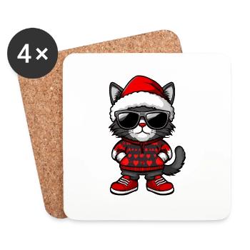 Cat Christmas Comic Cool Head - Coasters (set of 4) - white - Front