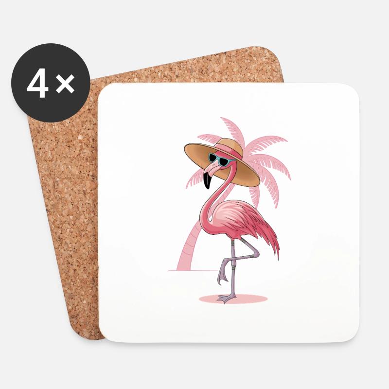 Flamingo with sun hat - Coasters (set of 4) - white