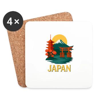 T-shirt Japon avec le mont Fuji, le temple et le torii - Dessous de verre (lot de 4) - blanc - Devant