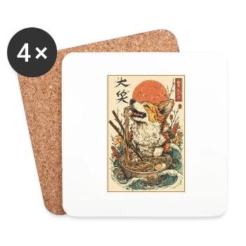 Corgi Japonais mangeant des Ramen - Style Ukiyo-e - Dessous de verre (lot de 4) - blanc - Devant