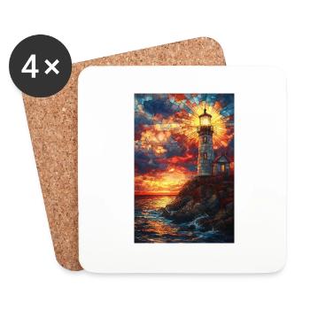 Buntglas-Leuchtturm Sonnenuntergang - Untersetzer (4er-Set) - Weiß - Vorne
