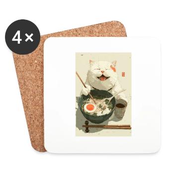 Chat blanc heureux mangeant des ramen - Dessous de verre (lot de 4) - blanc - Devant