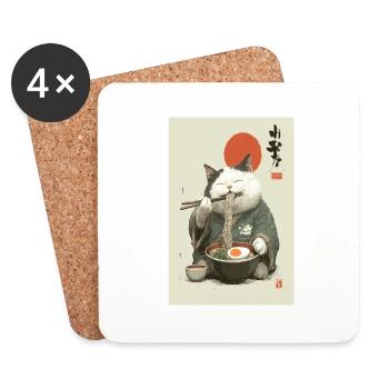 Samurai Cat Slurping Ramen - Coasters (set of 4) - white - Front