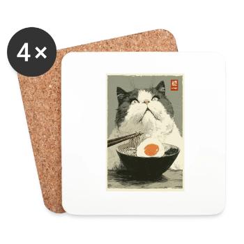 Chat fixant un bol de ramen - Dessous de verre (lot de 4) - blanc - Devant