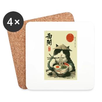 Samurai Cat Enjoying Ramen - Coasters (set of 4) - white - Front