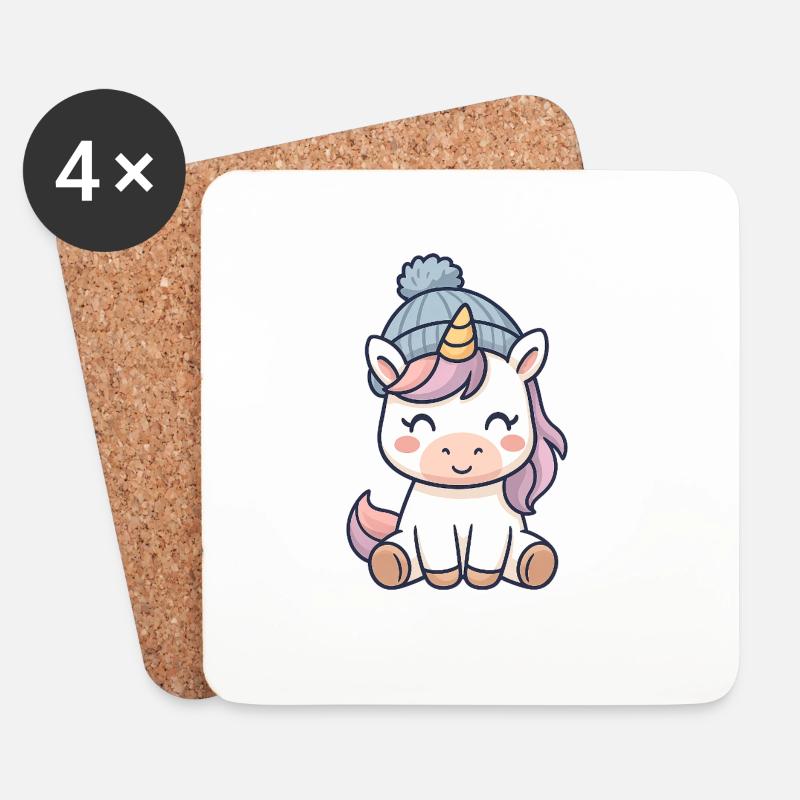 Kuscheliges Einhorn mit Mütze - Untersetzer (4er-Set) - Weiß
