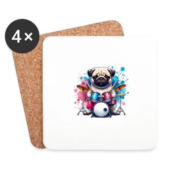 Pug Drummer Watercolor Design - Coasters (set of 4) - white - Front