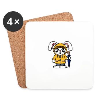 Lapin blanc, veste de pluie, chapeau, parapluie, lapin - Dessous de verre (lot de 4) - blanc - Devant