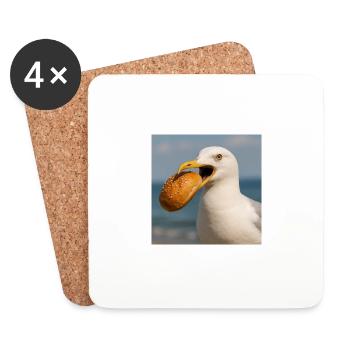 Seagull Bird with Bun in Beak North Sea Harbor - Coasters (set of 4) - white - Front