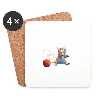Katze mit Wolle - Untersetzer (4er-Set) - Weiß - Vorne