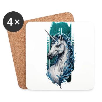 Azure Serenity: Unicorn with Blue Water Manes - Coasters (set of 4) - white - Front