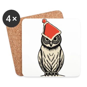 Hibou avec chapeau de Noël, motifs animaliers, drôle - Dessous de verre (lot de 4) - blanc - Devant