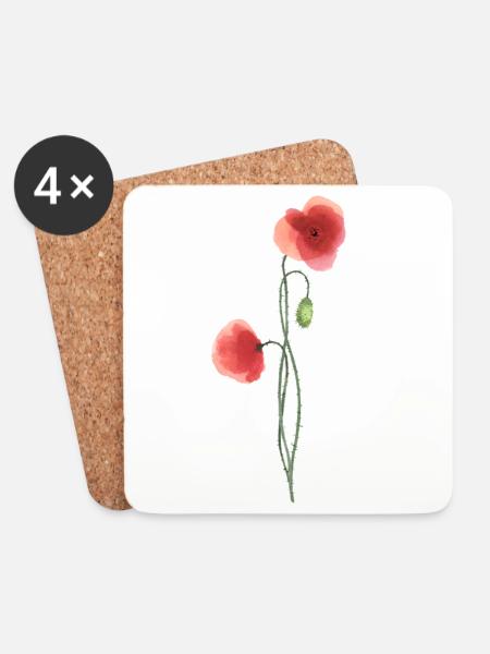Flower: red poppy - Coasters (set of 4) - white