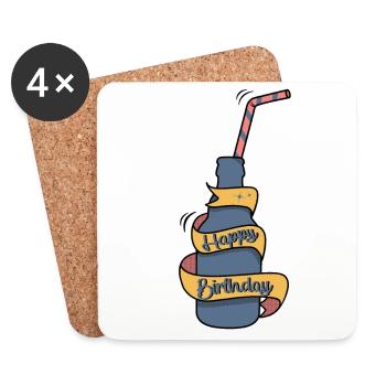 Happy Birthday, Flasche mit Strohhalm - Untersetzer (4er-Set) - Weiß - Vorne