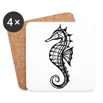 Seahorse – Line Art in Black and White - Coasters (set of 4) - white - Front