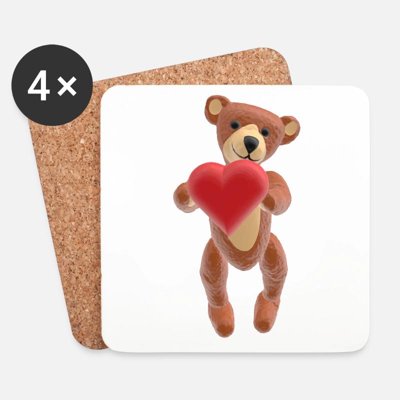 Valentine-Teddy mit Herz (3D-Optik) - Untersetzer (4er-Set) - Weiß