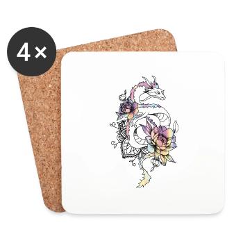 Tatouage style dragon avec roses pastel arc-en-ciel - Dessous de verre (lot de 4) - blanc - Devant