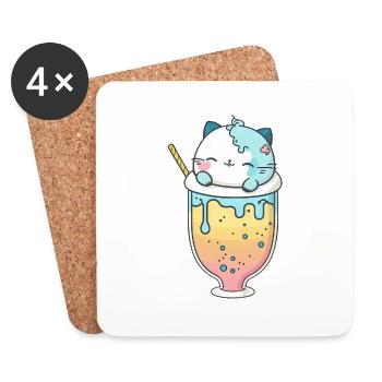 Kawaii Süße Glückliche bunte Katze Trinken Bubble Tea - Untersetzer (4er-Set) - Weiß - Vorne