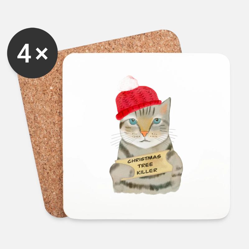 Chat de Noël drôle - tueur d’arbre de Noël - Dessous de verre (lot de 4) - blanc