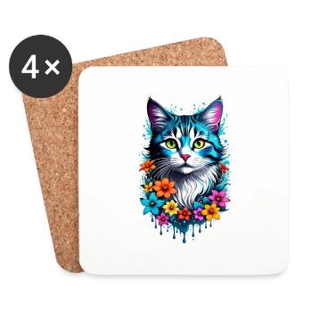 chat et fleur - Dessous de verre (lot de 4) - blanc - Devant