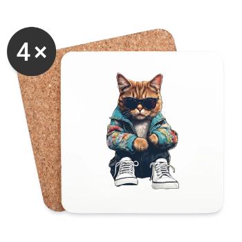 Coole Katze - Untersetzer (4er-Set) - Weiß - Vorne