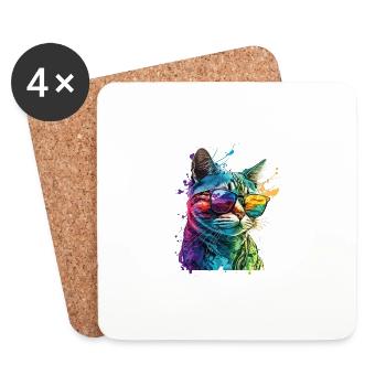 Cat With Sunglasses Splash Colorful Animal Art - Coasters (set of 4) - white - Front