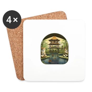 Chats de yoga Zen Garden s’étirant sur des tapis de champignons - Dessous de verre (lot de 4) - blanc - Devant