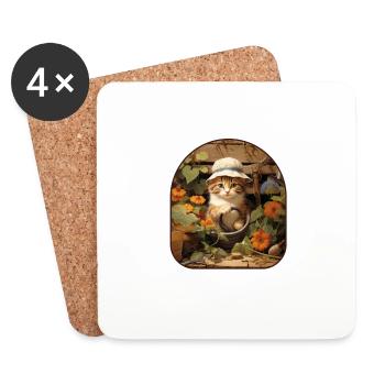 Chat de jardinage cottagecore s’occupant d’un fantaisiste - Dessous de verre (lot de 4) - blanc - Devant