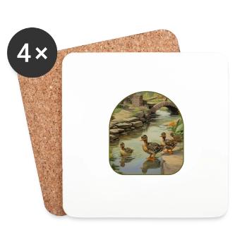 Frog Ducklings Cobblestone Bridge Pond - Coasters (set of 4) - white - Front
