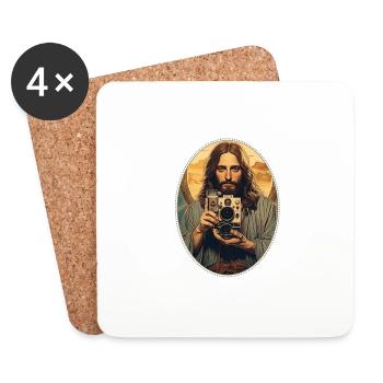 Jésus se blottit Vintage appareil photo T Shirt, Christian - Dessous de verre (lot de 4) - blanc - Devant