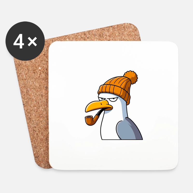 Evil Seagull Beanie Wool Hat & Whistle in Beak - Coasters (set of 4) - white