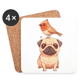 Mops mit Vogel - Untersetzer (4er-Set) - Weiß - Vorne