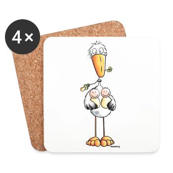 Storch mit Zwillingen - Zwillinge - Baby -Geschenk - Untersetzer (4er-Set) - Weiß - Vorne