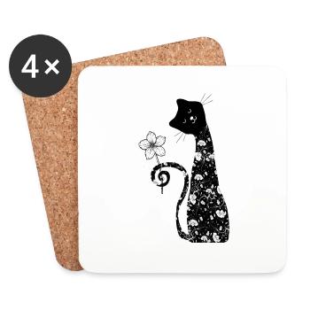 Black cat with flower - Coasters (set of 4) - white - Front