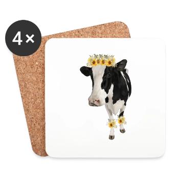 Holstein Kuh mit Blumen - Sonnenblumen - Untersetzer (4er-Set) - Weiß - Vorne