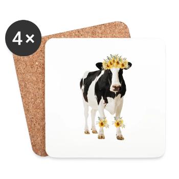 Holstein Kuh mit Blumen - Sonnenblumen - Untersetzer (4er-Set) - Weiß - Vorne
