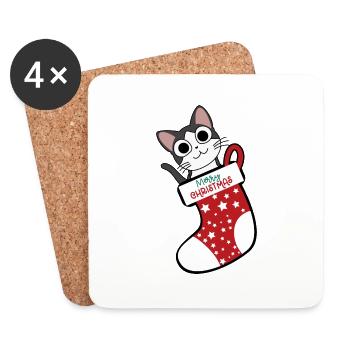 Pfotschafter Christmas - Cat in Santa Claus Boots - Coasters (set of 4) - white - Front