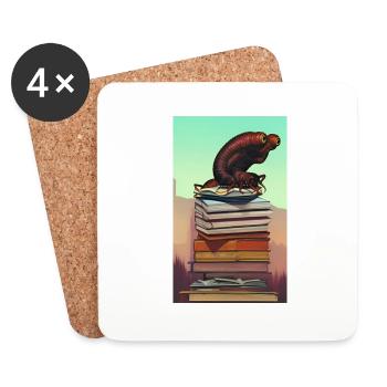Comic Cartoon Creepy Bookworm Book Stack - Coasters (set of 4) - white - Front