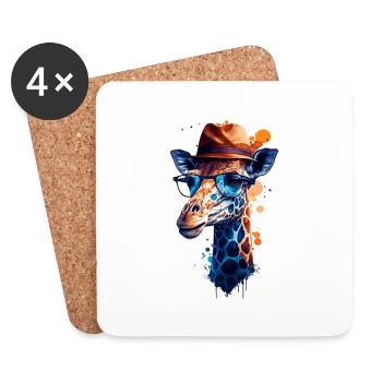 Une girafe vectorielle colorée porte des lunettes et un chapeau - Dessous de verre (lot de 4) - blanc - Devant
