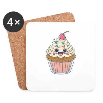 Kawaii Cute Happy Cupcake - Coasters (set of 4) - white - Front