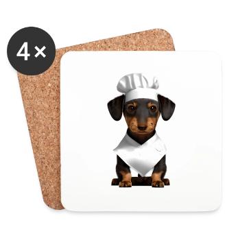 Chiens, Teckel, Restaurateur, Chiot teckel, Cuisine pour chiens - Dessous de verre (lot de 4) - blanc - Devant