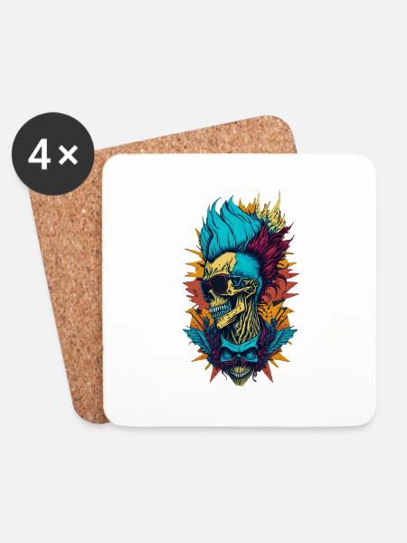 Skull with Iroquois skull with colorful hair - Coasters (set of 4) - white